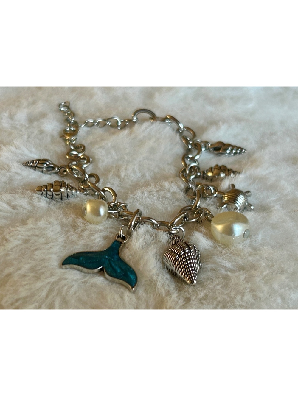 Silver Tone Ocean Charm Bracelet with Blue Whale Tail and Shell Charms